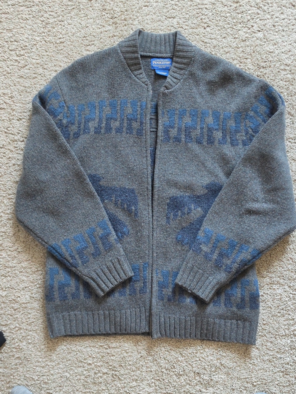 Longhorn Stetson Pendleton Gray Wool Zip-Up Cardigan with Blue Geometric Detail